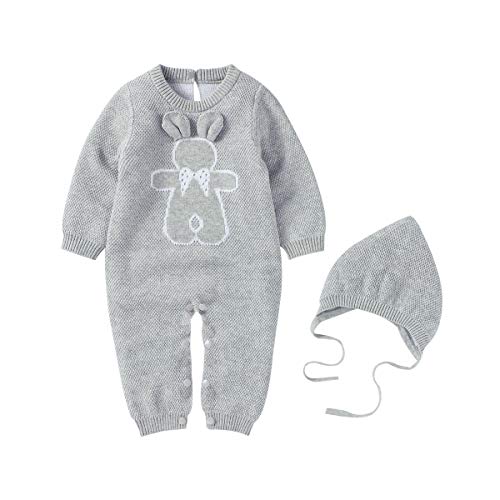 North edge Neugeborenes Baby Strick Baumwolle Strampler Overall Outfits Bodysuit mit Hut Set- Gr. 3-6 Monate (70 cm), Grau