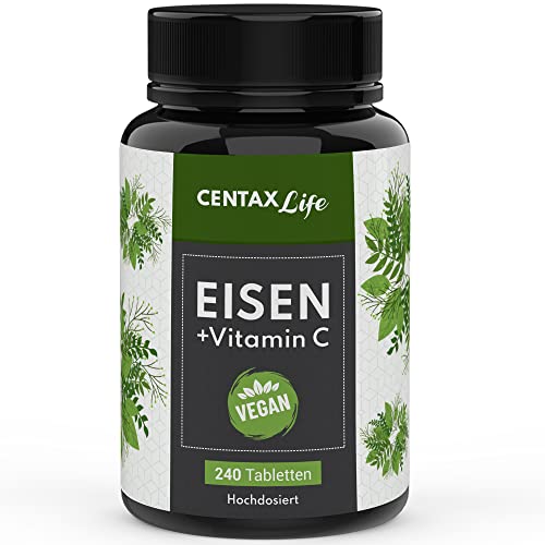 Centax Life Eisen hochdosiert + Vitamin C - 240 VEGAN Eisen Tabletten mit 40 mg Vitamin C, Iron Supplement, Eisen Vegan, Eisen Vitamin C, Eisenpräperate