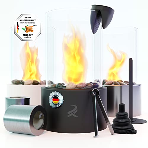 Realox® Premium Tischkamin - Komplettset in Schwarz - Ethanol Kamin Indoor & Outdoor - 2 große Brennkammern - wärmendes Tischfeuer - 200g Natursteine