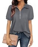 Vafoly Blusen Tuniken für Damen Kurzarm Sommer Oberteile Business Tunika Shirt Lässig Blusen mit Reißverschluss V-Ausschnitt Unifarbene Morandi Grau L