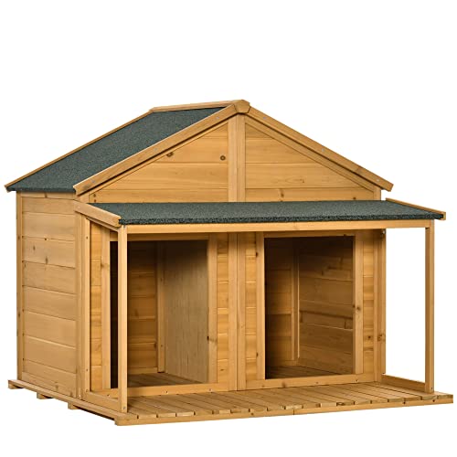 PawHut Hundehütte aus Massivholz isoliertes Hundehaus mit 2 Räume Asphaltdach Outdoor Hütte mit Terrasse Gelb+Grün 127 x 110 x 109 cm