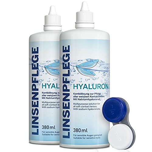 Linsenpflege Kontaktlinsen Flüssigkeit – mit Hyaluron – 2er Pack 760 ml Pflegemittel für alle weichen Kontaktlinsen inkl. antibakteriellen Behälter. All-in-One Kombilösung für weiche Linsen