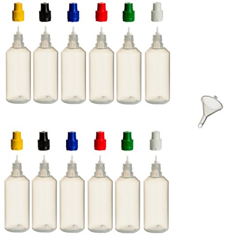 12 Stück 100 ml PP-Flaschen MIT FARBIGEN DECKELN + Füll-Trichter - Quetschflasche Leerflasche Kunststofflasche Plastikflasche Spritzflasche quetschbar zum befüllen und mischen auch Liquide