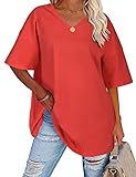 TOMEEK Damen T-Shirt mit V-Ausschnitt Kurzarm Sommer Oversize Shirts Baumwolle Basic Casual Top Lose Bluse Weite Schulter T-Shirts, Rot, Größe XL