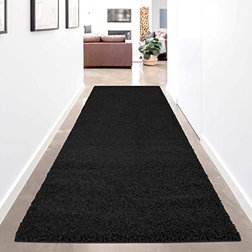 carpet city Hochflor Teppich-Läufer Einfarbig - Schwarz - 80x300 cm - Shaggy Langflor Uni Schlafzimmer Flur - Weich&Flauschig - Modern