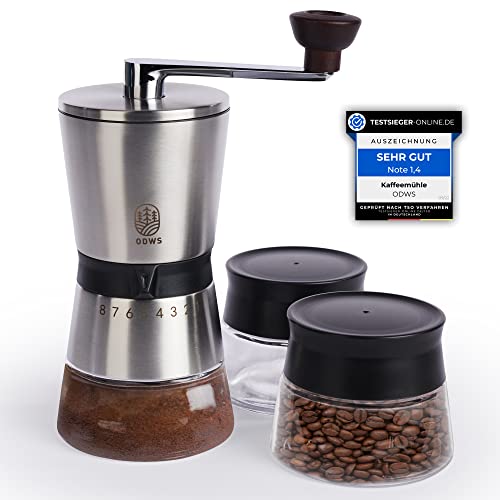 ODWS Kaffeemühle Manuell | coffee grinder mit Keramikmahlwerk | kaffeemühle kegelmahlwerk | Manuelle Kaffeemühlen mit 8 Mahlgraden | Mit 2 Glasbehältern je 80g Fassungsvolumen | kaffeemühle hand |