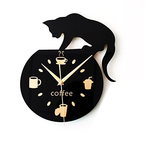 WINOMO Stille Cartoon Wanduhr Nette Klettern Katze für Trinken Kaffee Uhr Wand Dekoration Tasse Kaffee Uhr