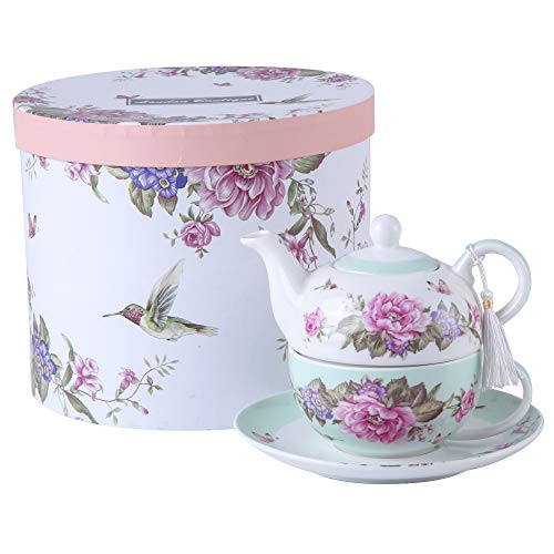 London Boutique Tea for one Teekanne Tasse Suacer Set Shaby Chic Flora Vogel Rose Schmetterling Porzellan Geschenkbox (Blaugrün)