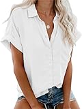 Friptspyg Bluse Damen Lässiges Kurzarm Hemdbluse Sommer V-Ausschnitt 100% Baumwolle Solide Blusenshirt Elegant Oberteile mit Tasche, Weiß S