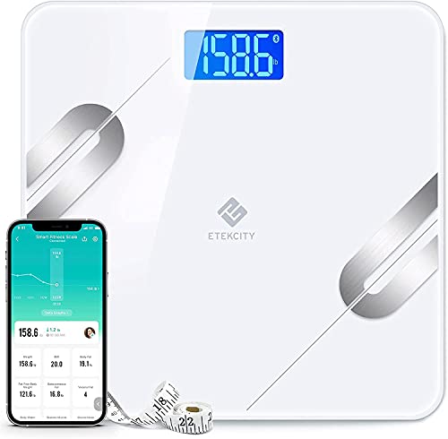 ETEKCITY Bluetooth Körperfettwaage Smart Digitale Waage mit APP für iOS & Android, Personenwaage für Körperfett, BMI, Gewicht, Protein, usw, größere Wiegefläche, gehärtetes Glas, bis 180 kg, Weiß