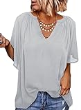 Elegancity Grau Bluse Damen Chiffon Hemd V Ausschnitt Tunika Trompetenärmel Kurzarm mit Rüsche Elegant Einfarbig Sommer Blusen XL