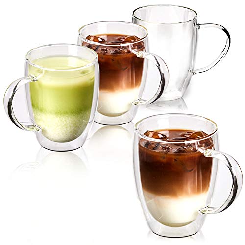 EZOWare Doppelwandige Glas Cappuccino Tassen Set, Isolierte Thermogläser aus Klarglas mit Griffen für Heiße oder Kalte Getränke, Kaffee, Latte, Mochiatto, Wein, Tee - 4er Set, 350 ml