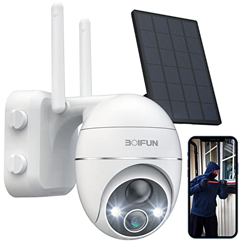 Überwachungskamera Aussen Akku, BOIFUN WLAN PTZ Outdoor Kamera mit 15000mAh, Solarpanel, Farbnachtsicht Akustische Visuelle Alarme,PIR Bewegungsmelder, 1080P, 2-Wege-Audio