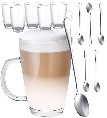 Cosumy 6 Latte Macchiato Gläser mit Henkel und Löffel - 300ml - Hält lange warm - Ideale Größe für Kaffeevollautomaten - Spülmaschinenfest