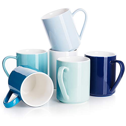 Sweese 603.003 6er Set Kaffeebecher aus Porzellan, 350 ml, Tasse mit großem Henkel für Heißgetränke, Blaue Serie