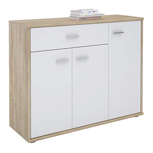 CARO-Möbel Kommode Estelle Sideboard Mehrzweckschrank, Sonoma Eiche/weiß mit 3 Türen und 1 Schublade, 88 cm breit