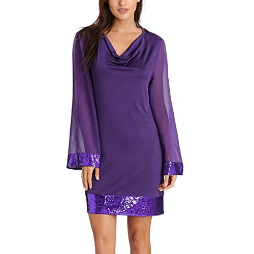 TWIFER Beiläufige Feiertags Kleider Damen Patchwork Sequined Minikleid T Shirt Kleider(Violett,S)
