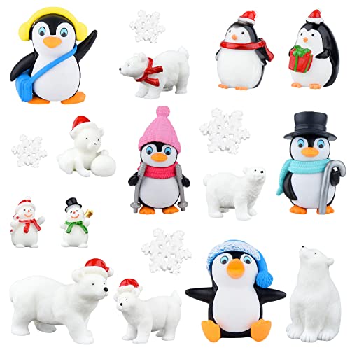 PLULON 18-teilige Weihnachtsfiguren, Spielzeug, Miniatur-Pinguin, Schneemann, Eisbär mit Schneeflocken, Winter-Mini-Tiere, Figuren, Spielset, Ornamente für Weihnachtsfeiern, Kuchendekoration