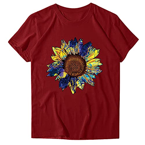 Damen T-Shirt Sommer Casual Tops Kurzarm O-Ausschnitt Sonnenblumen Bedrucktes T-Shirt für Damen