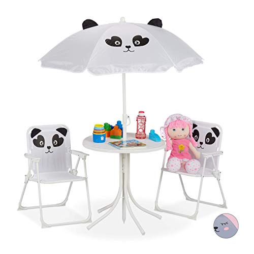 Relaxdays Camping Kindersitzgruppe, Kindersitzgarnitur mit Sonnenschirm, Klappstühle & Tisch, Panda Motiv, Garten, weiß