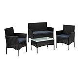 STILISTA® Polyrattan Sitzgruppe 1 Bank + 2 Stühle + 1 Tisch mit Glasplatte, Lounge Set, schwarz