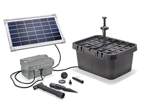 Solar Teichfilterset Starter 300 l/h Förderleistung 8 W Solarmodul + Akku 6V/3,2 Ah + LED Beleuchtung Komplettset bis 500l Gartenteich 101068