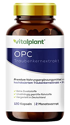 Vitalplant® OPC Extrakt im Braunglas - 440mg hochdosiertes Traubenkernextrakt 70% nach HPLC mit Piperin - 120 Kapseln vegan