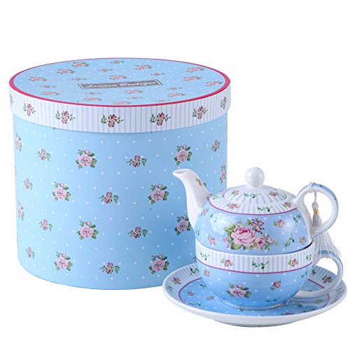 London Boutique Teekannen für eine Tasse Retro-Porzellan-Teekanne, viktorianisches Blumenmuster Geschenkbox (Blau)