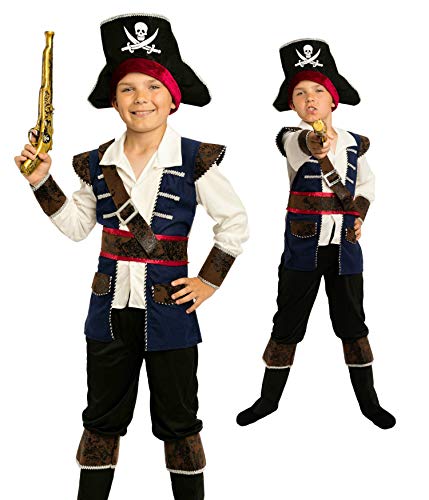 Magicoo Kapitän Piratenkostüm Kinder Jungen Blau/Weiß/Schwarz Gr. 92 bis 140- Fasching Pirat Kostüm Kind (122/128)