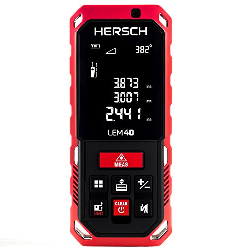 HERSCH LEM 40 Laser Entfernungsmesser (Messbereich 0,05-40 m, LCD Display mit Beleuchtung, Neigungssensor, ± 2,0 mm Messgenauigkeit, Ni-MH 800 mAh Akkus, Schutztasche, IP65 Schutzklasse) 841928