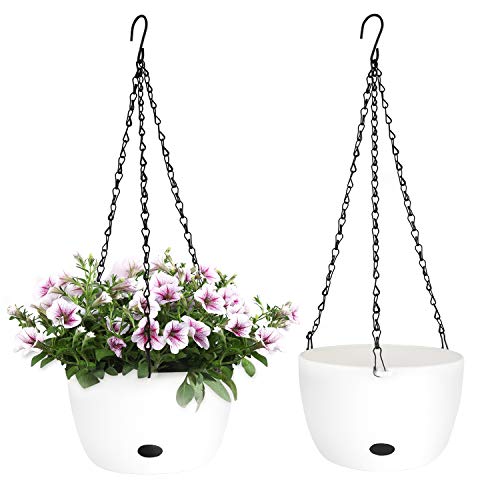 T4U 20cm Selbstbewässerung Plastik Blumenampeln Weiß 2er-Set, Hängepflanztöpfe mit Wasserspeicher für Innen- und Außenbereich