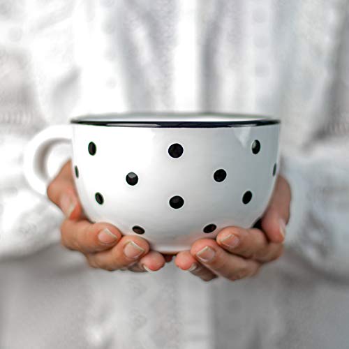 City to Cottage® - Keramik XXL Tasse 500 ml | Kaffeebecher | Weiß und Schwarz | Polka Dots | Handgemacht | Keramik Geschirr | Große Tasse