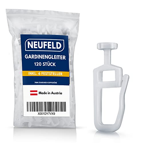 NEUFELD® 120 Gardinengleiter für Innenlaufschienen (inkl. 6 Feststeller) | 7mm Faltengleiter für Gardinenschienen, Vorhangschienen | Gardinenrollen