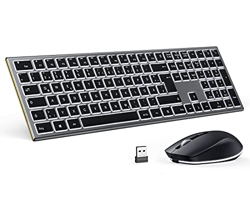 seenda Tastatur Maus Set Kabellos, Beleuchtete Maus und Tastatur mit Weiße LED-Hintergrundbeleuchtung, 2.4G Wiederaufladbare Kabellose Tastatur und Maus für Desktops/Laptops, QWERTZ Layout, Space Grau