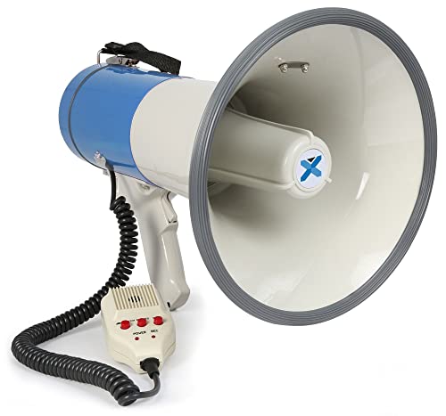 Vonyx MEG060 Megafon mit Bluetooth, Sirene und Mikrofon, 60 Watt lautes Megaphone Akku, Aufnahme-Funktion, MP3-Player, USB, SD- und AUX-Anschluss, Umhänge-Gurt Megaphon blau-weiß