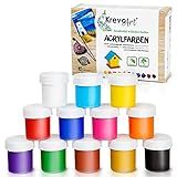 Krevo Art Wasserfeste Acryl-Farben, Acrylic Paint - 12 stark pigmentierte Acrylfarben Set je 20ml, Bastelfarben für Papier, Stein, Holz, Ton, Gips, Leinwand