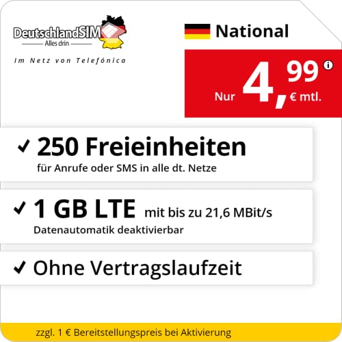 Handyvertrag DeutschlandSIM LTE 1000 National - ohne Vertragslaufzeit (1 GB LTE mit max. 21,6 MBit/s inkl. deaktivierbarer Datenautomatik, 250 Freieinheiten für Anrufe oder SMS, 4,99 Euro/Monat)
