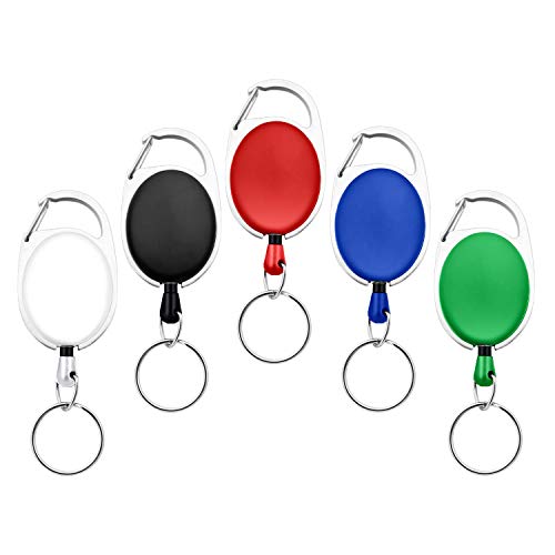 Fushing 5 Farben Einziehbare Abzeichenhalter Carabiner Rollen Schlüsselhalter Ketten mit Metall Split Ring (5 Stück)