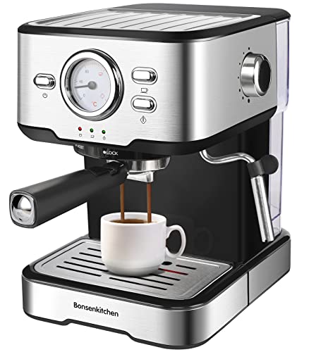 Espressomaschine Siebträger 15 Bar, für 1-2 Tassen, Siebträger mit Doppelauslauf, Milchaufschäumdüse, Abnehmbares Wassertank, für Espresso, Cappuccino und Latte Machiato, 1100W