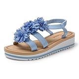 JOMIX Sandalen Damen Elegant Blumen Sandaletten mit Absatz Leicht Niedrig Strandsandalen Sommer Meer Pool Strand Sommerschuhe (Blau, 38 EU)