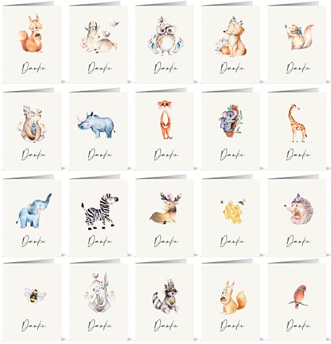 20 Dankeskarten mit 20 verschiedenen Aquarell-Tierzeichnungen auf der Vorderseite