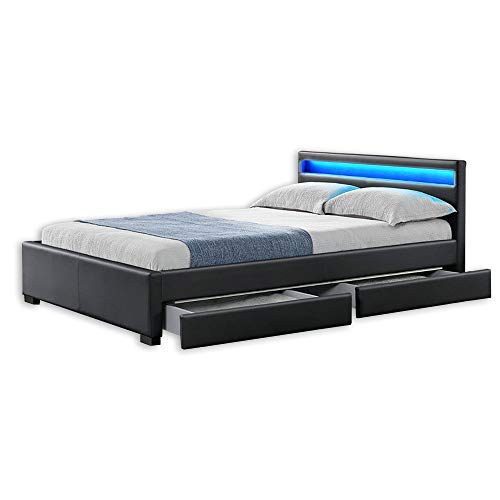 Home Deluxe - LED Bett NUBE - Schwarz, 140 x 200 cm - inkl. Matratze, Lattenrost und Schubladen I Polsterbett Design Bett inkl. Beleuchtung