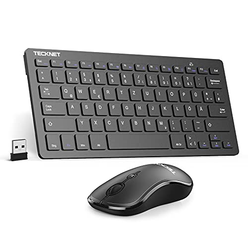 TECKNET Kabelloses Tastatur Maus Set, Deutsch QWERTZ Layout, 2.4 GHz Funk Mini Tastatur Mouse, 15m Reichweite Wireless Verbindung, Wireless Leise Funktastatur mit Maus für PC, Laptop, Smart TV (Black)