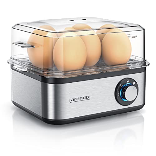 Arendo - Eierkocher Edelstahl für 1 bis 8 Eier - Egg Cooker - 500 W – Kontroll Leuchte – Drehregler für DREI Härtegrade - spülmaschinengeeignet - Edelstahl gebürstet