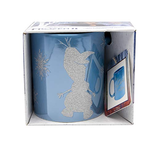 Disney Frozen II Tasse Olaf mit Glitzereffekt, Eiskönigin blau mit Glitzerdruck, Fassungsvermögen ca. 320 ml., 1 Stück (1er Pack)