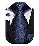 Hi-Tie Dunkelblau karierte Herrenkrawatte Manschettenknöpfe Einstecktuch 3er Set Krawatte aus gewebter Seide Business Geschenkbox