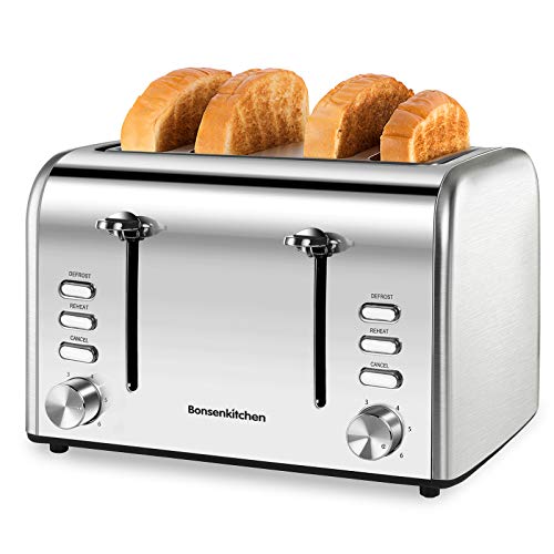 Automatik Toaster 4 Scheiben, Edelstahl Toaster 1600W, 6 bräunungsstufen und 3 Moden (Auftau, Aufwärm sowie Abschaltungsmode), Abnehmbarer Krümelschublade, Silber