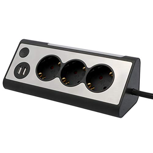 Unitec 30884 Ecksteckdosenleiste | 2 USB Ladebuchsen | 3 Steckdosen | LED Beleuchtung | Touchschalter | Edelstahlfront