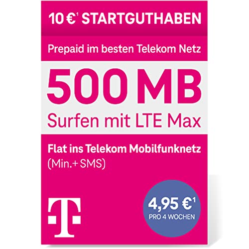 Telekom MagentaMobil Prepaid S SIM-Karte ohne Vertragsbindung I inkl. 500 MB & Flat (Min, SMS) ins Telekom Mobilfunknetz & EU-Roaming I Surfen mit LTE Max I 10 EUR Startguthaben