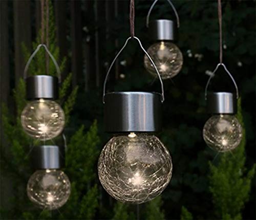 Fachhandel Plus LED Hänge-Solarleuchten 5 Stück Kristallglas Solarlampen hängend Gartenkugel warmweiß